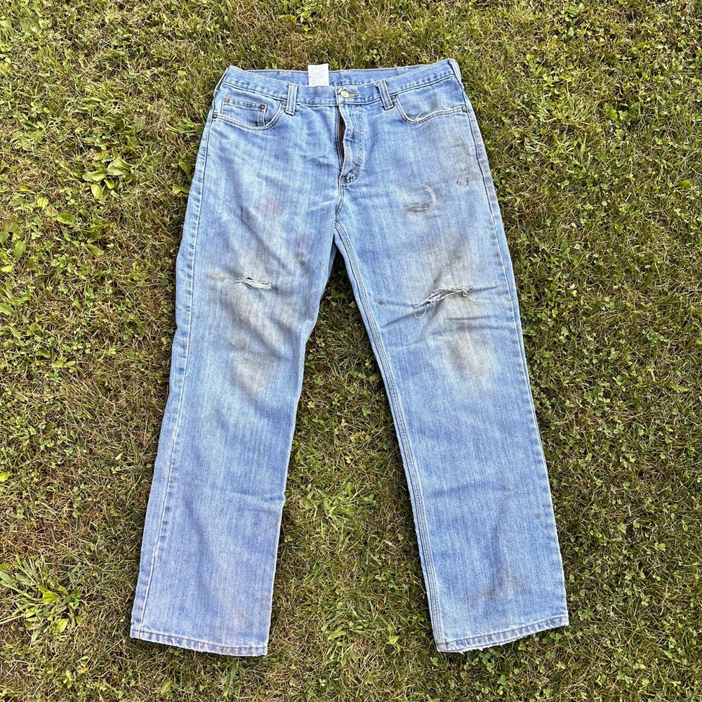 Carhartt Light Blue Men's Straight Jeans - Distressed Workwear